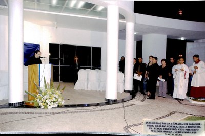 Inauguração da Câmara em 24/06/2008 - Pres. Eraldo Fortes, Loila Rossato, Pe. Tiago Figueiró, Vice-prefeito Walmir Souza, Vereador Luiz Magalhães
