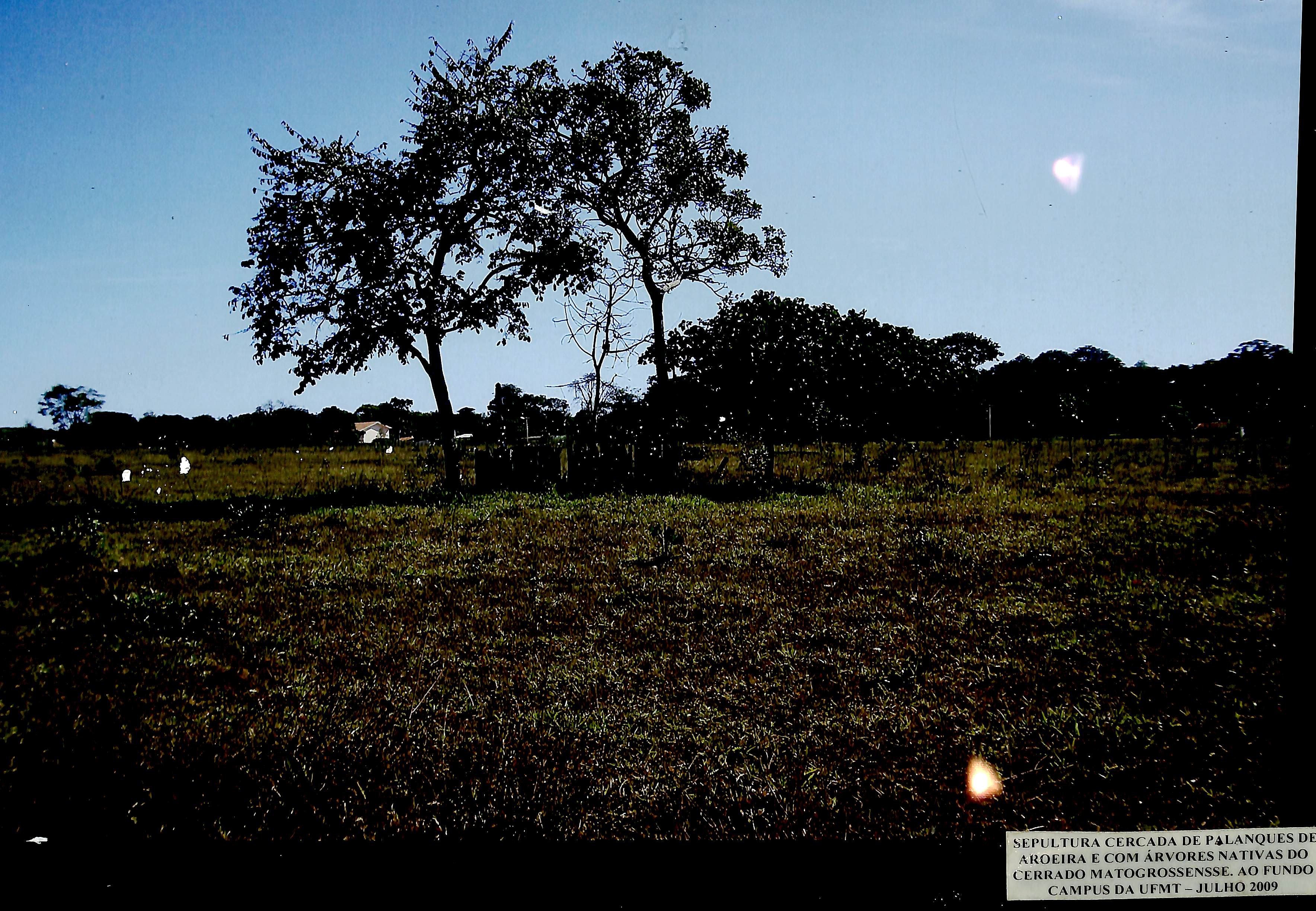 Sepultura cercada de palanques de aroeira e com árvores nativas do cerrado mato-grossense, ao fundo, o Campus da UFMT - Julho de 2009